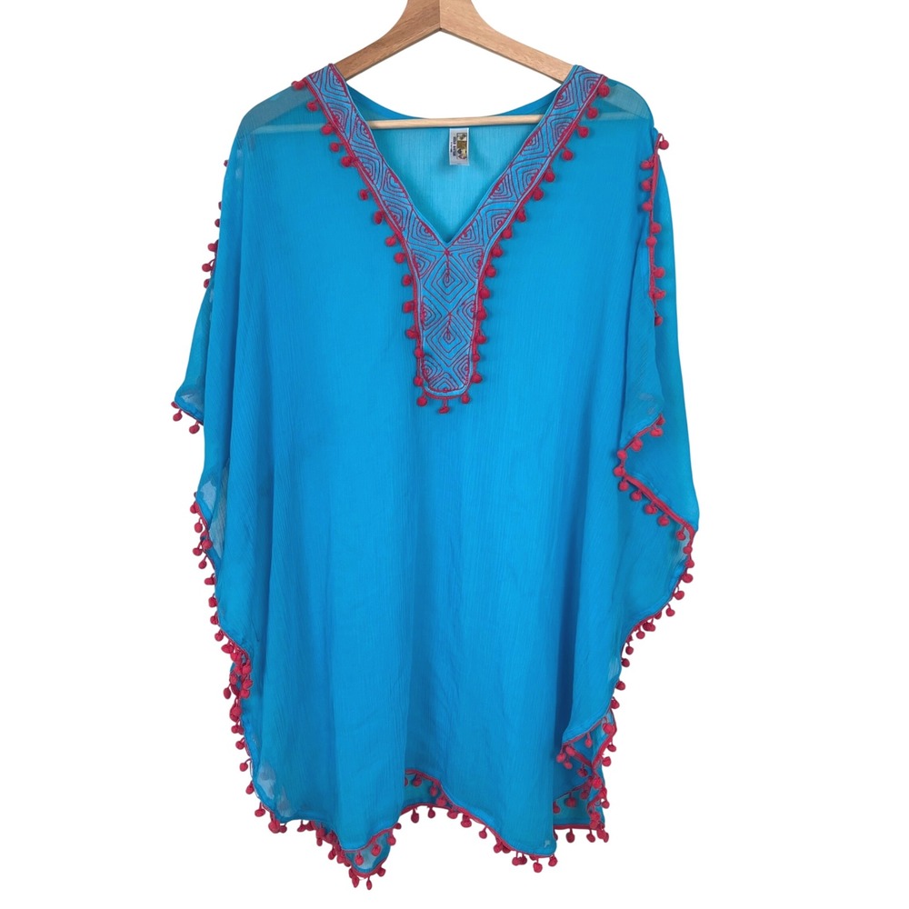 India Boutique Turquoise Blue Pom Pom Trim Embroidered Kaftan Cover Up Free Size